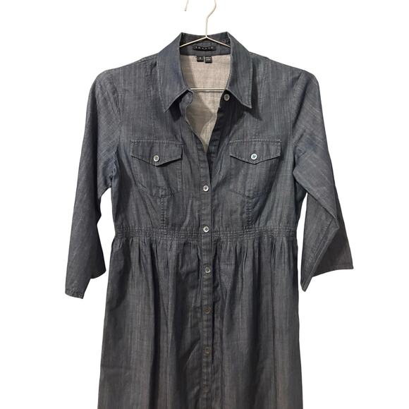 Theory Dark Blue Cotton Chambray Tabbed Sleeve A Line Button Front Dress S - Picture 3 of 7